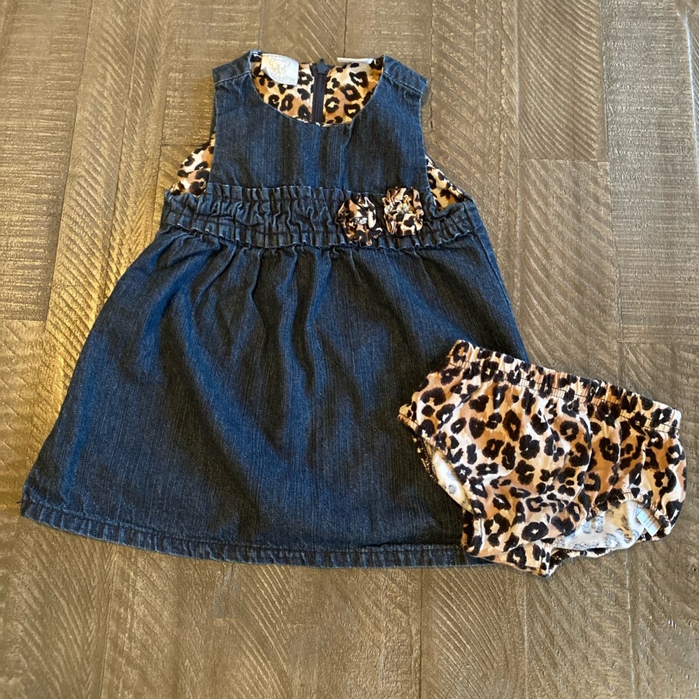 Koala Baby. Size 9m. Jean dress with leopard print. Zipper in back
